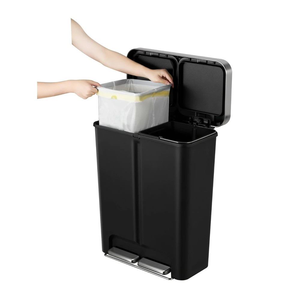 Kitchen Recycle Trash Can, 16 Gallon Plastic Dual Compartment Step Garbage Bin