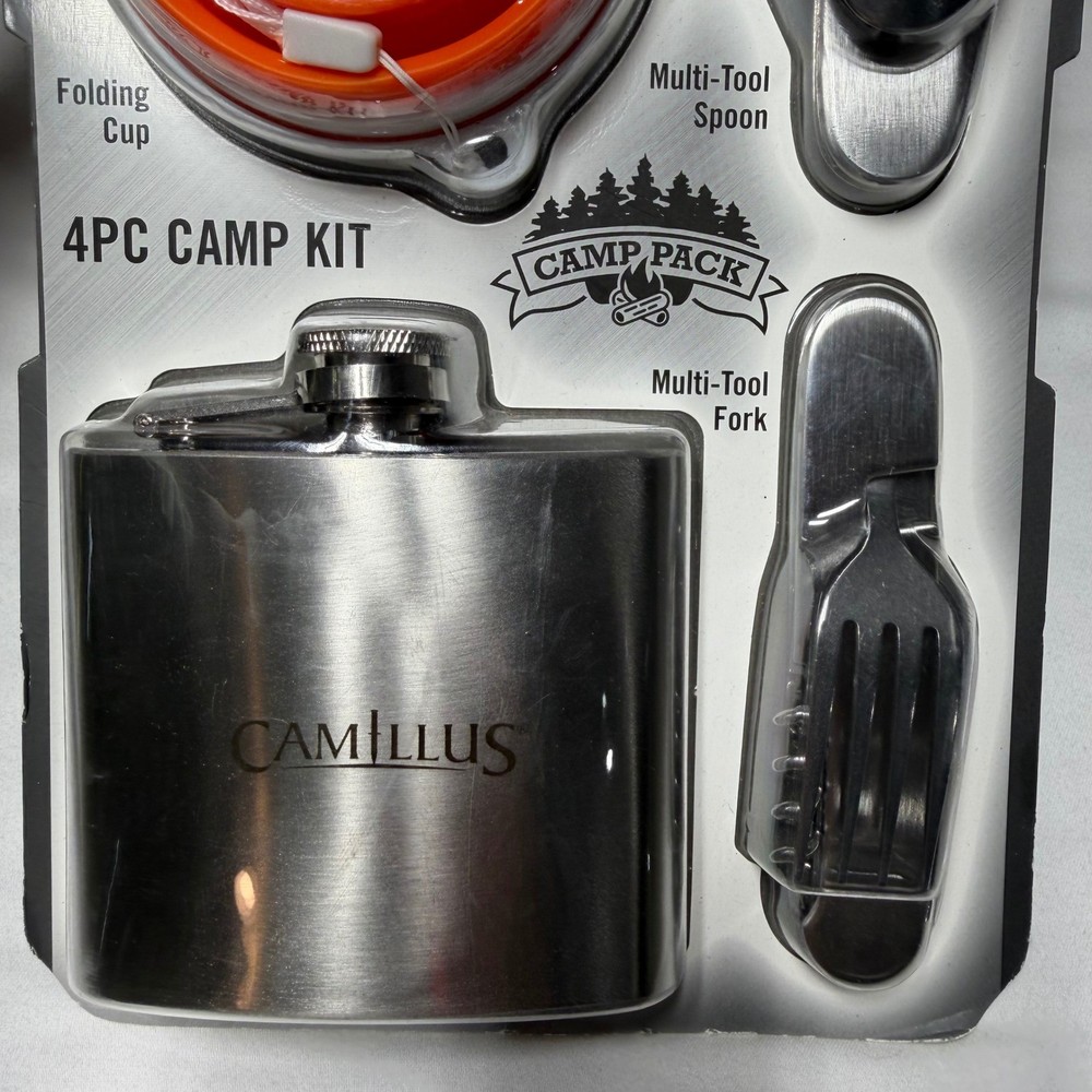 Camillus 4PC Camp Pack Kit Stainless Steel 5oz Flask Folding Cup Multi-Tool