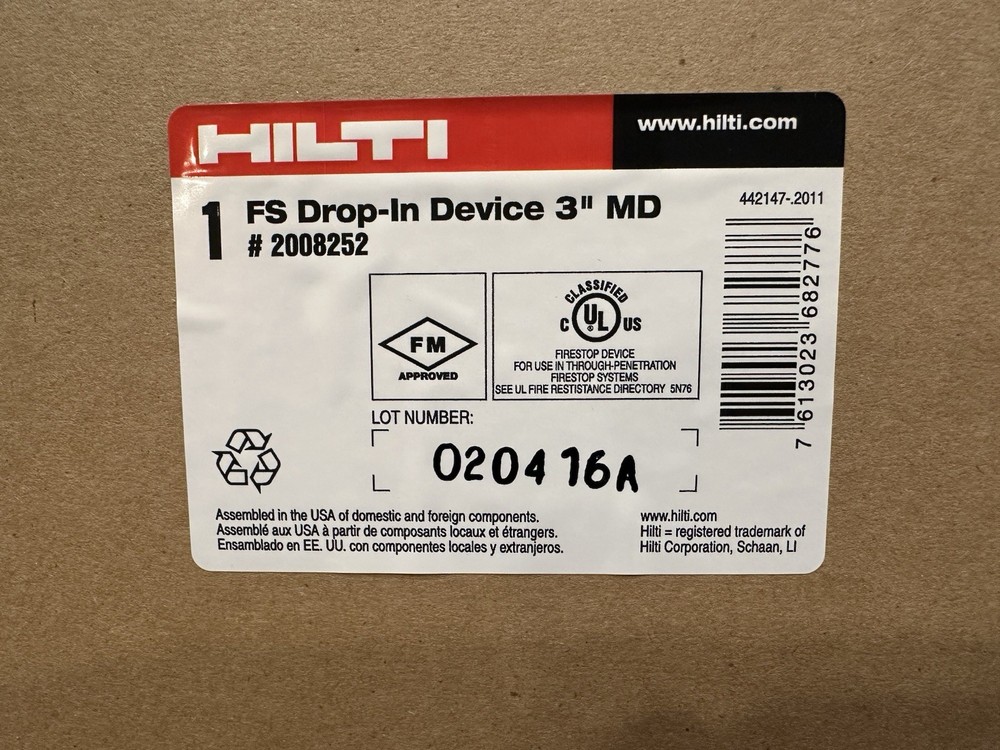 Hilti 3" Drop In Device #2008252 CFS-DID Firestop Fire Protection System