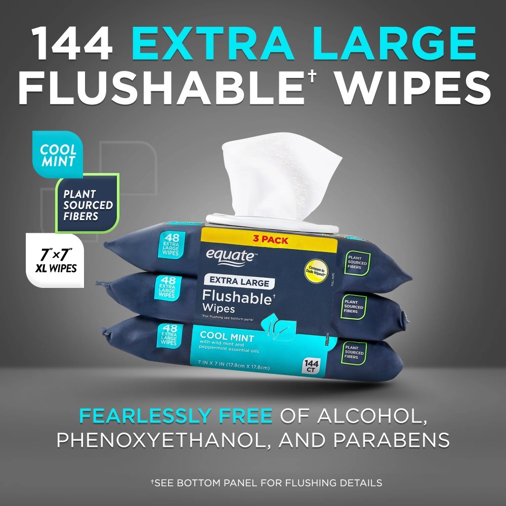 Extra Large Flushable Wet Wipes Cool Mint Scent 144 Count 3 Pack