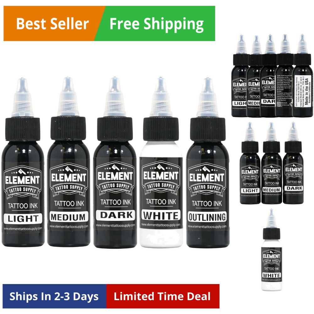 Greywash Tattoo Ink Set Light Medium Dark Blend Nighthawk Black Element White...