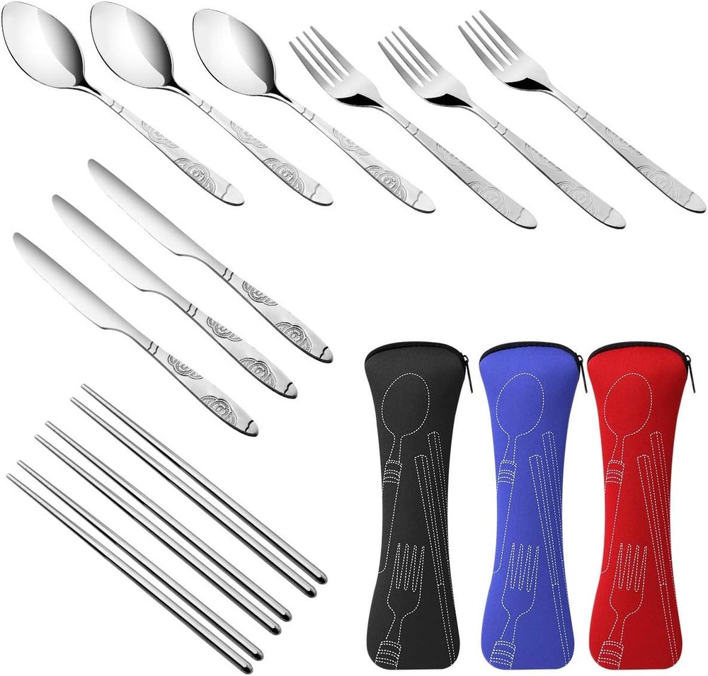 3 Pack Reusable Flatware Sets Knife, Fork, Spoon, Chopsticks, 12Pcs Portable Tra