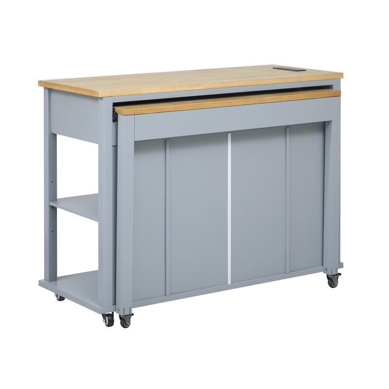 Kitchen Island with Extendable Dining Table, Rolling Wheels, Storage, Power