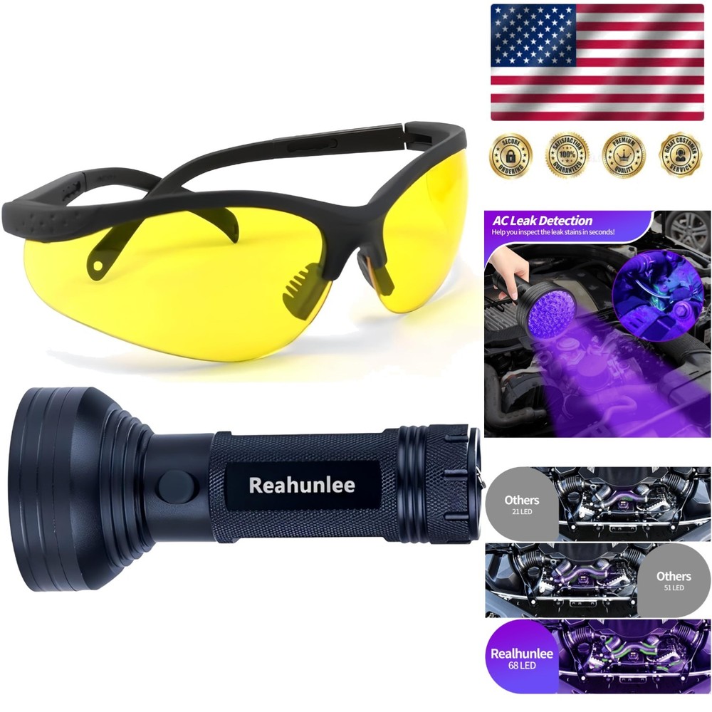 Professional UV Leak Detector Flashlight - 68 LEDs, Includes Glasses, 20 Hours