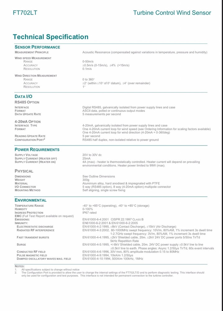 FT Technologies FT702LT V20 Wind Sensor Wind Vane Anemometer With Cable