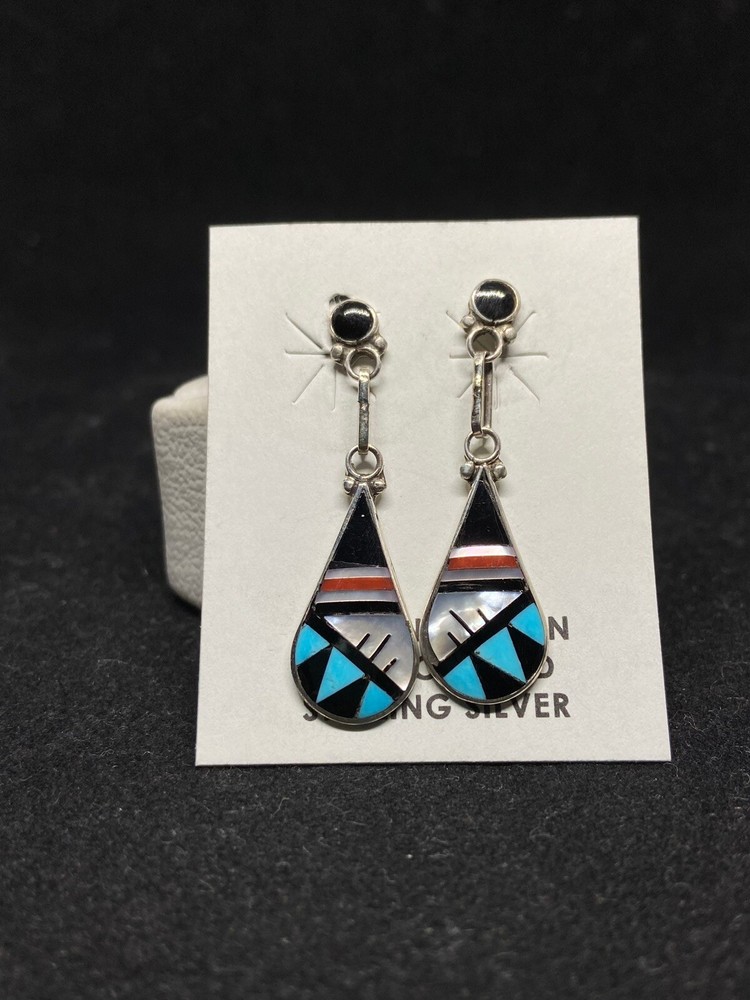 Handmade Zuni inlay multicolor turquoise Sterling Teardrop Dangle  earrings