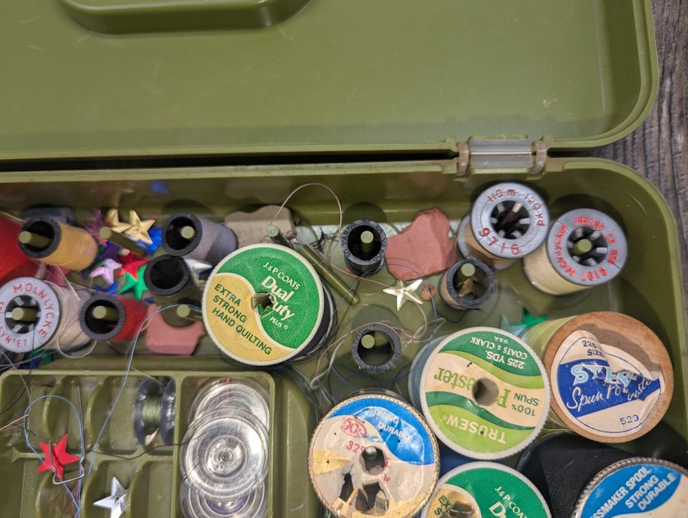 Vintage Green Plastic Sewing Boxes Pair With Many Various Spools Of Thread.