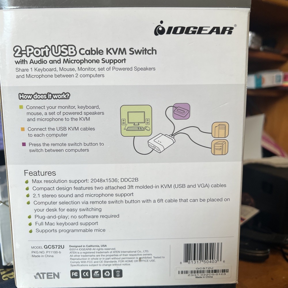 IOGEAR 2-Port USB Cable KVM Switch - GCS72U - NEW