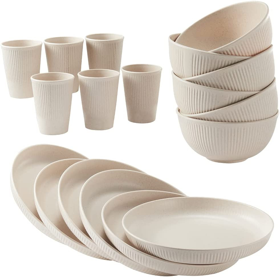 18Pcs Wheat Straw Dinnerware Sets Unbreakable Reusable Dinnerware Set Kitchen C