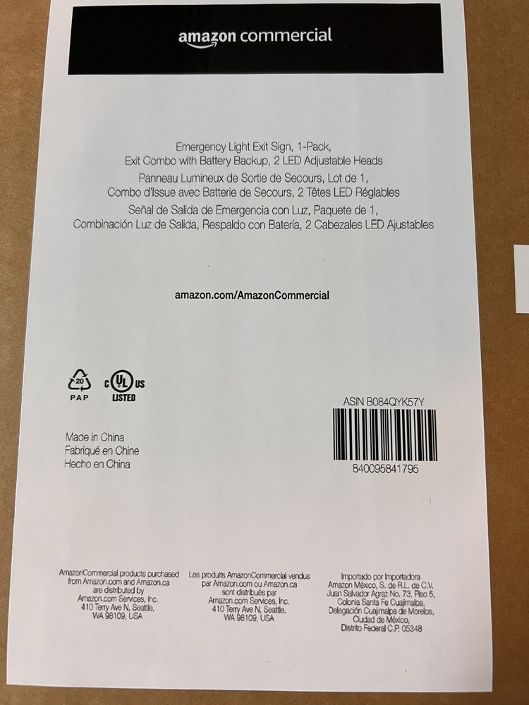 AmazonCommercial Emergency Exit Sign with Battery Backup NEW SEALED