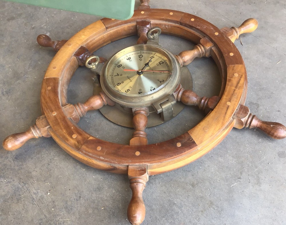 Ship’s Time Quartz Wheel Clock, Solid Wood/Brass 24.5”