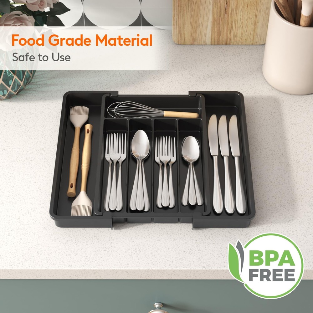 Silverware Drawer Organizer, Medium (8.5-14''W x 12''D), Black