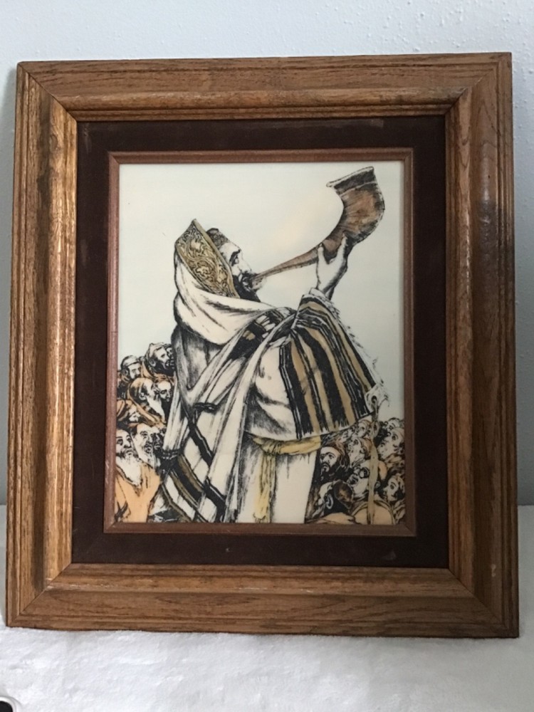 复古 Saul Raskin 象牙蚀刻画，带框，描绘犹太教羊角号，尺寸 15 英寸 x 13.5英寸