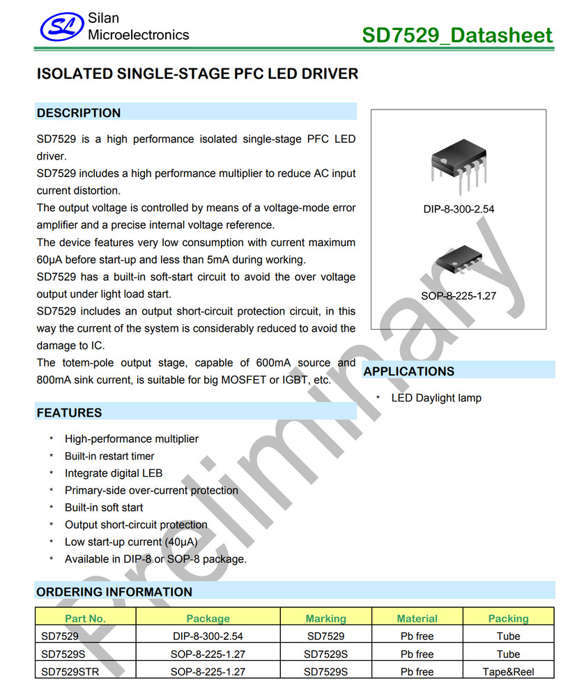 5PCS SD7529S Silan Single-Stage PFC LED Driver SOP-8