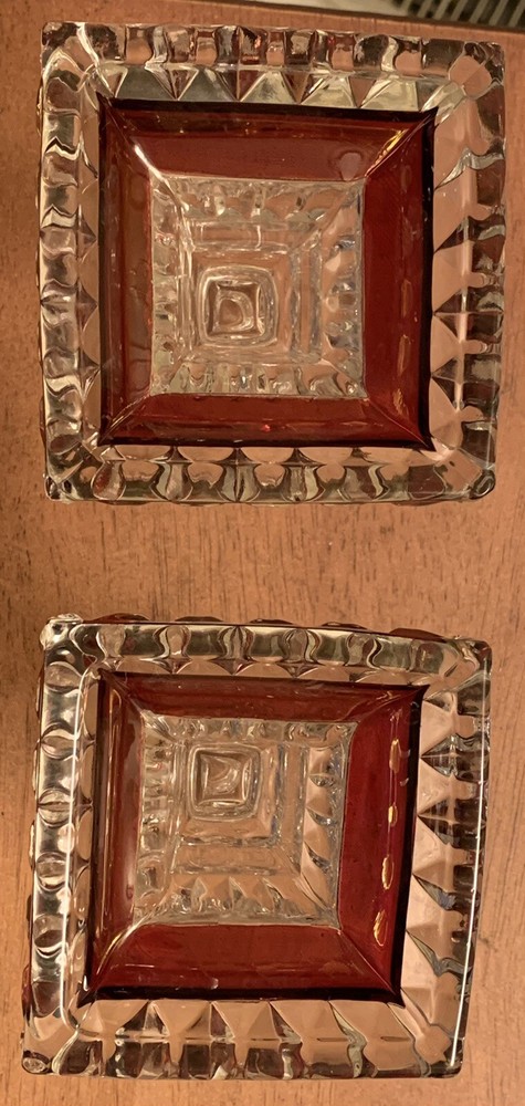 Set Of 2 Vintage Westmoreland Wedding Pattern Ruby Flash Crystal Candlesticks.
