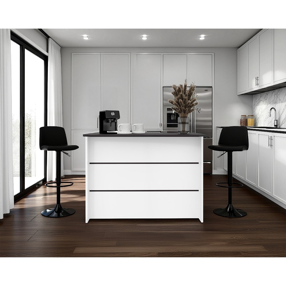 Central  kitchen island with modern design, ample storage space Black and whit