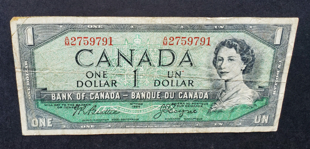 1954 Canada 1 Dollar Bill, Nice - Free Shipping!