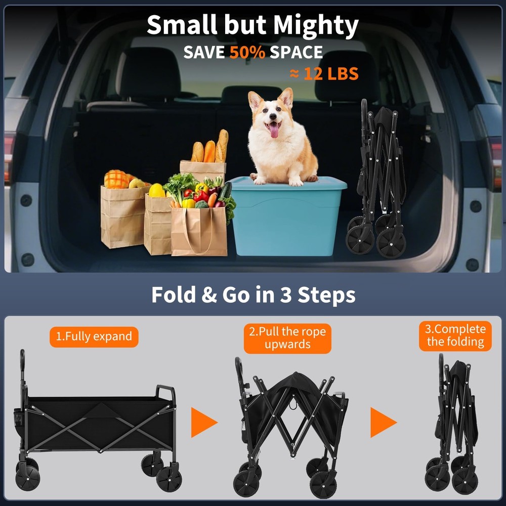 380LBS Wagons Carts Foldable,Utility Collapsible Wagon W/Adjustable Handle,Garde
