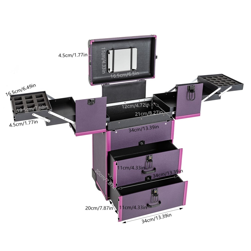 Portable Rolling Makeups Train Case Lockable Cosmetic Storage Organizer Trolley