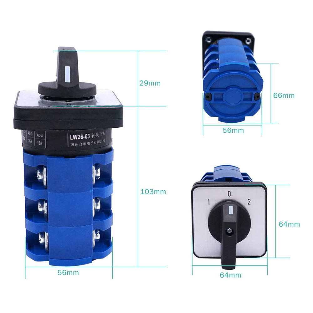 Changeover Switch 3 Position Selector Switch Box 12 Terminals 63A 690V Universal