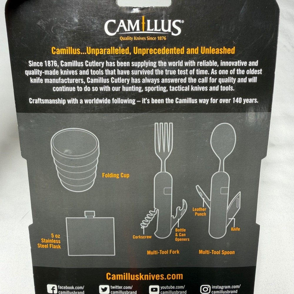 Camillus 4PC Camp Pack Kit Stainless Steel 5oz Flask Folding Cup Multi-Tool