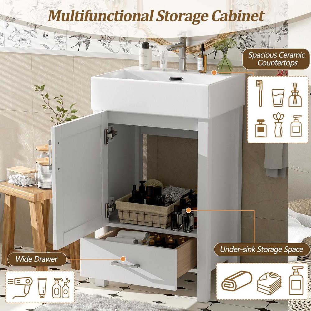 20.28'' White Modern Bathroom Vanity with Ceramic Sink, Solid Wood Frame, and Dr