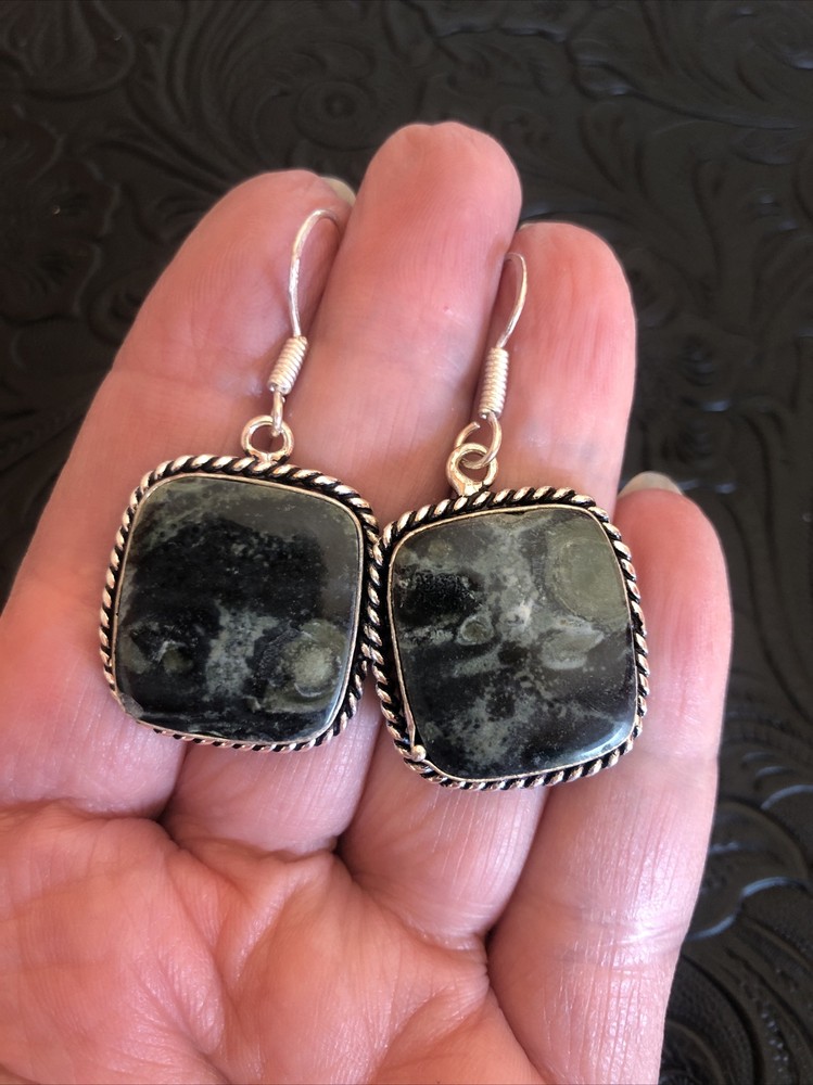 Green Jasper 1.5” Southwest Square Rope Bezel Design Dangle Earrings
