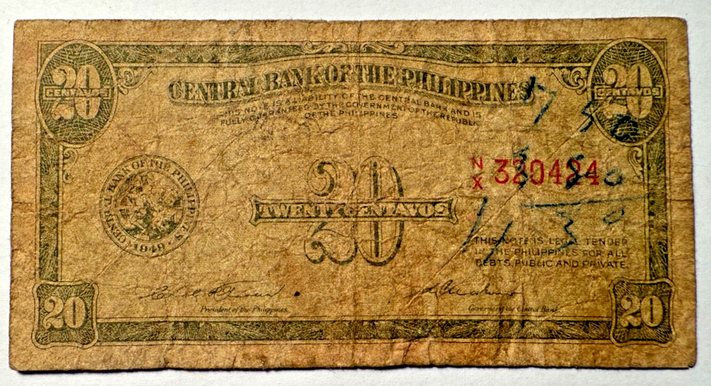 1949 Philippines 20 Centavos Banknote Note Bill Currency