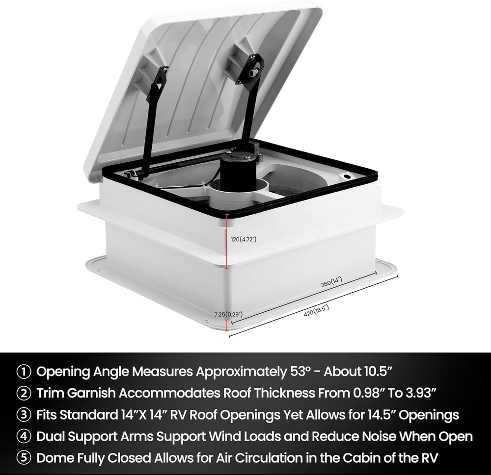 Pafessa USA 12V Touch Pad 4-Speed Reversible 14" RV Roof Vent Manual White Dome