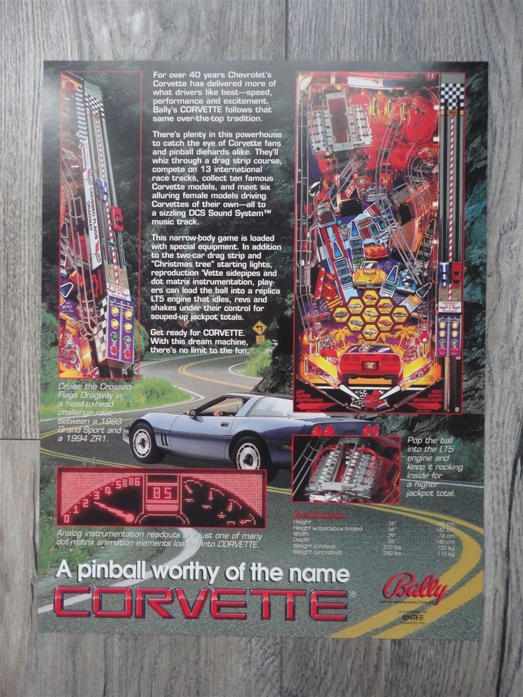 Corvette Pinball Machine Flyer Bally Original Brochure