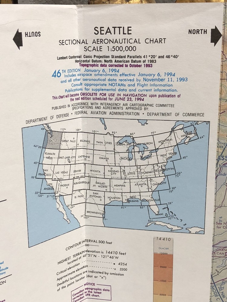 1994 NOAA SEATTLE Sectional Aeronautical Chart - 46th Edition