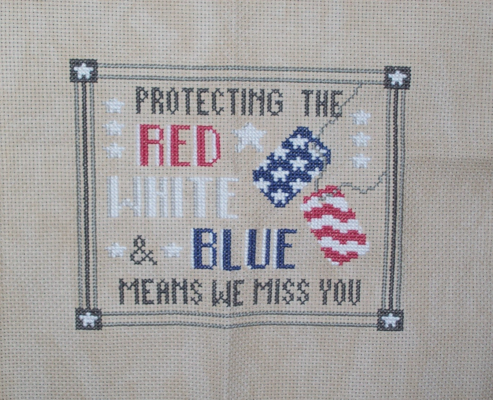 PROTECTING THE RED WHITE & BLUE COMPLETED CROSS STITCH