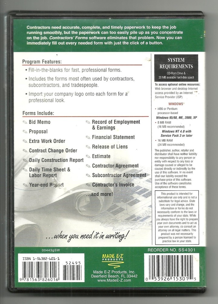 CONTRACTORS FORMS MADE E-Z CD-ROM SOFTWARE WINDOWS VINTAGE 1999 SOLD AS IS