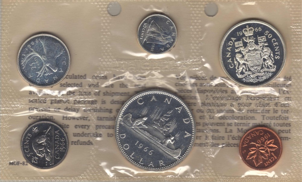1966 Canada Silver Proof-Like PL Set (6 Coins Cent to $1). Mint UNC.