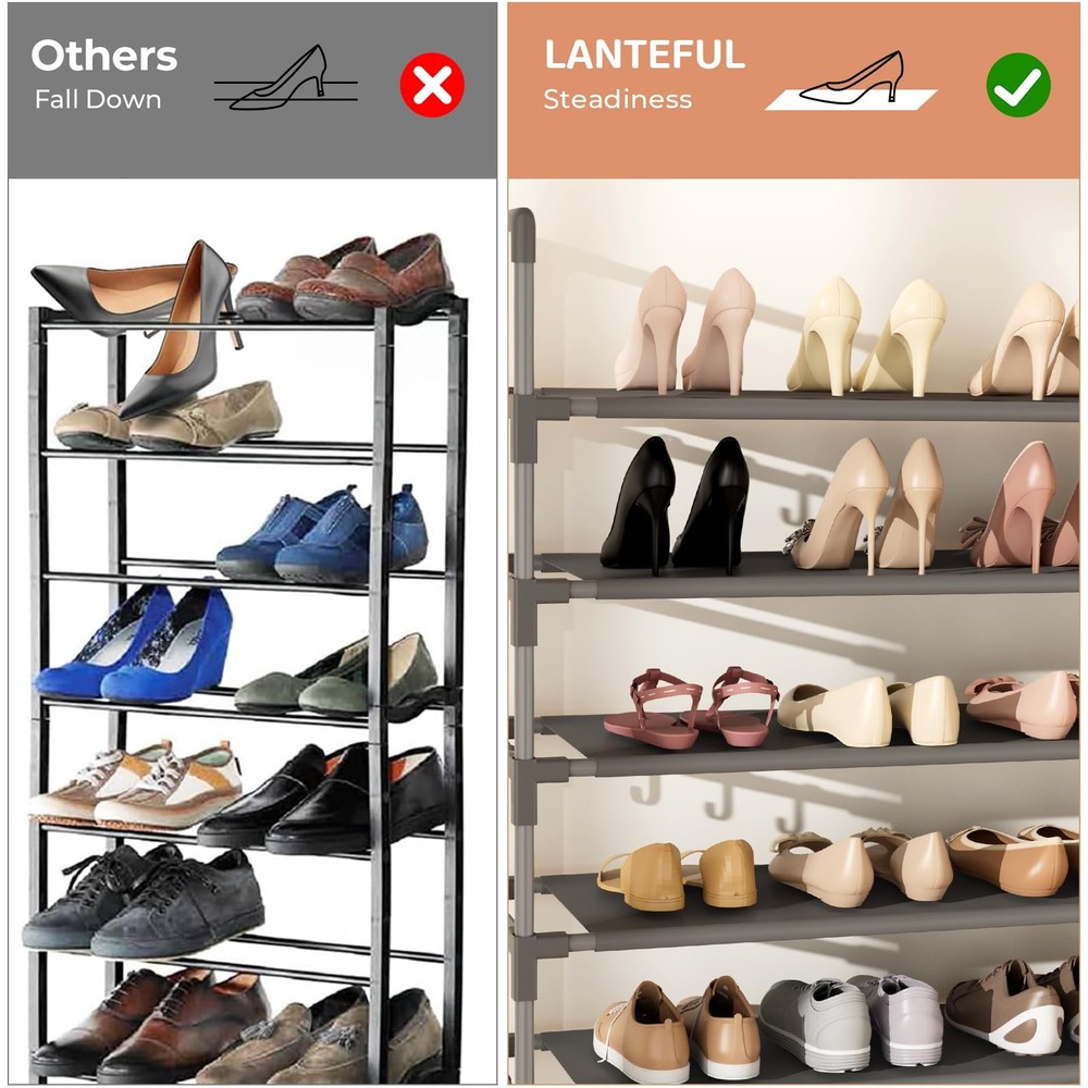 10Tier Tall Shoe Rack with 18 Hooks Holds 50 Pairs, Stackable Vertical Grey