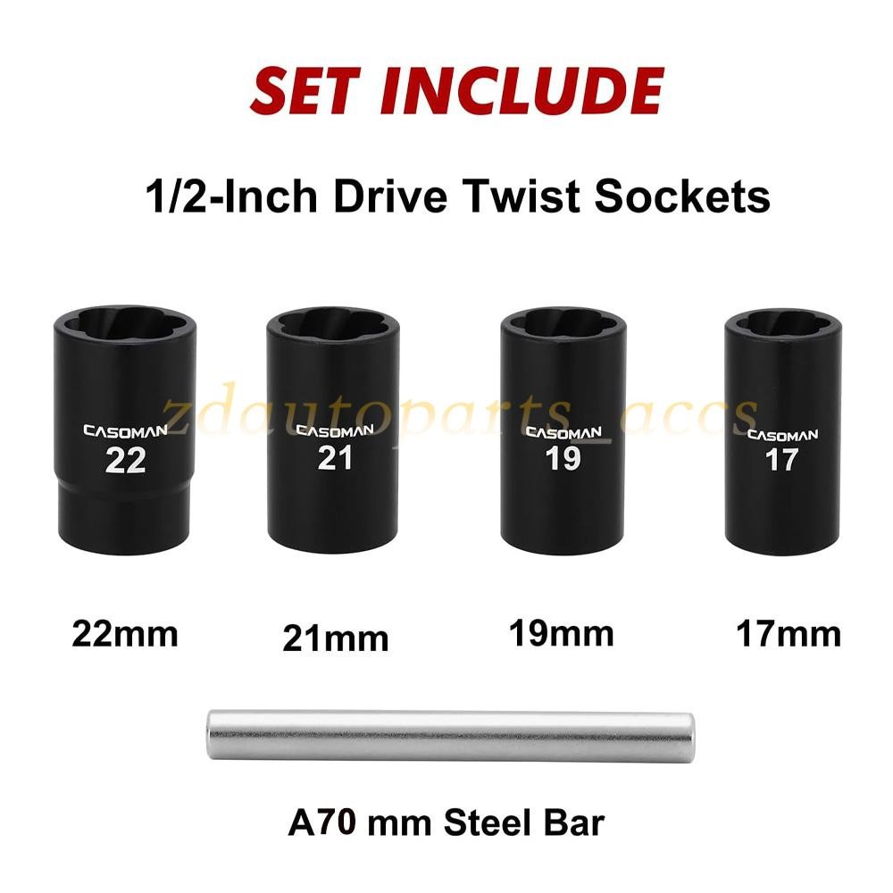 ABN Twist Socket Set Lug Nut Remover Extractor Tool- 5PC 1/2"Dr.Twist Socket Set