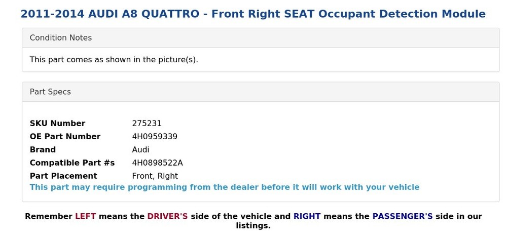 2011-2014 AUDI A8 QUATTRO - Front Right SEAT Occupant Detection Module