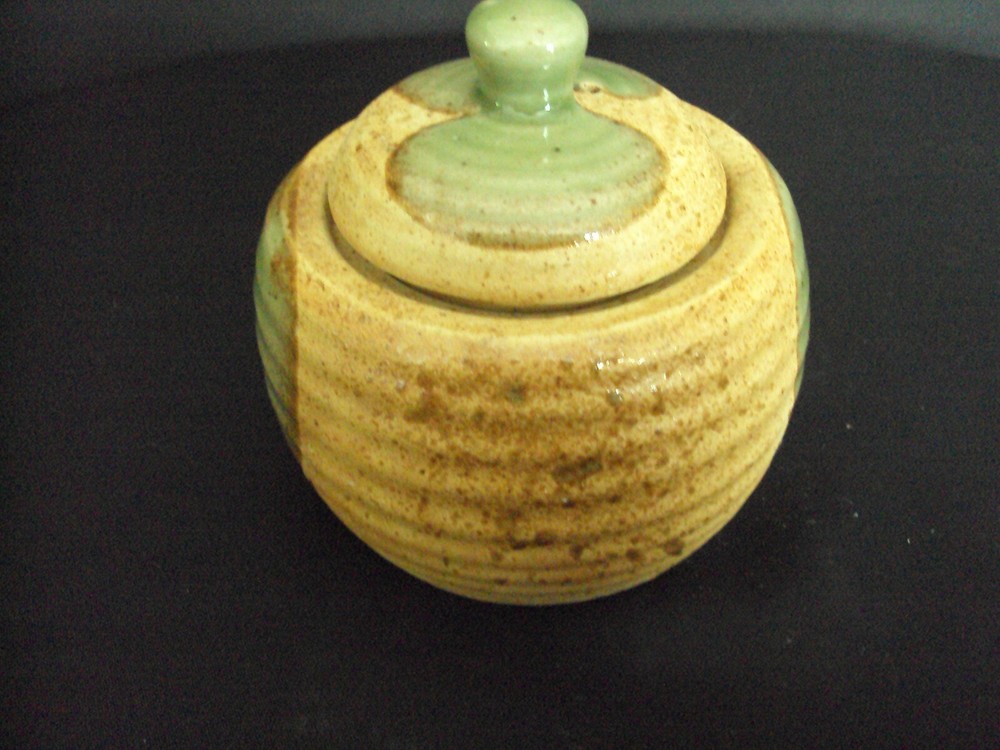 Salt Glazed Green Apple Pottery Lidded Sugar Bowl