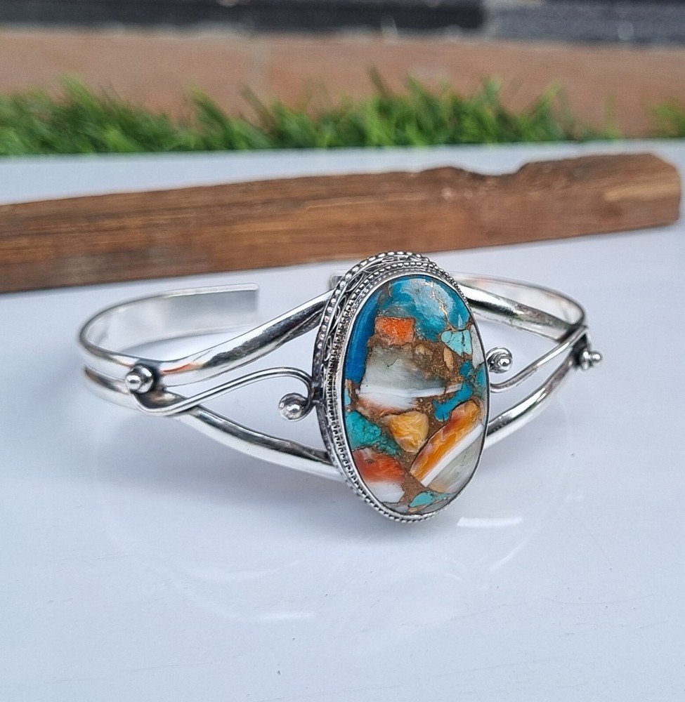Oyster Copper Turquoise Gemstone 925 Sterling Silver Adjustable Bangle PG1007