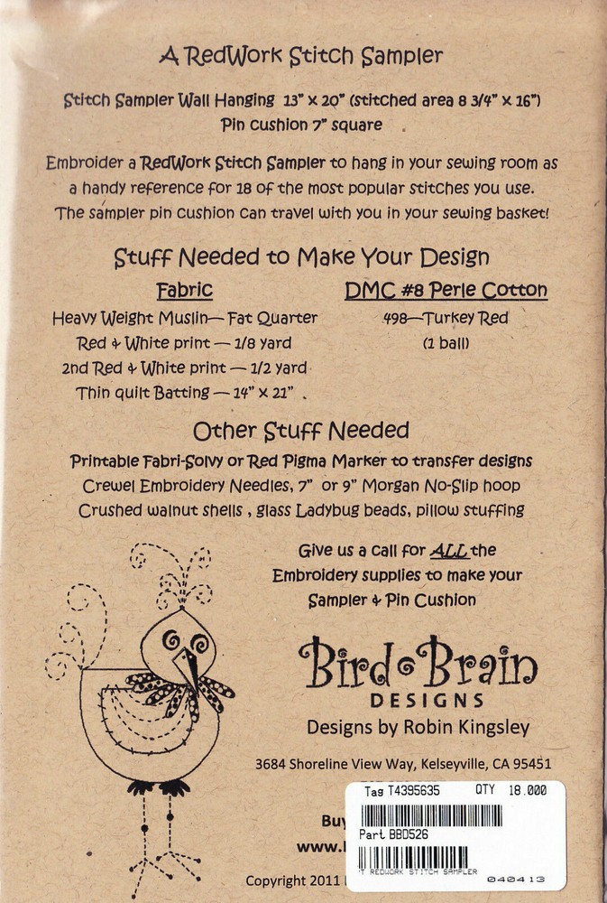 Bird Brain Designs A REDWORK STITCH SAMPLER #526 Stitchery Embroidery Pattern