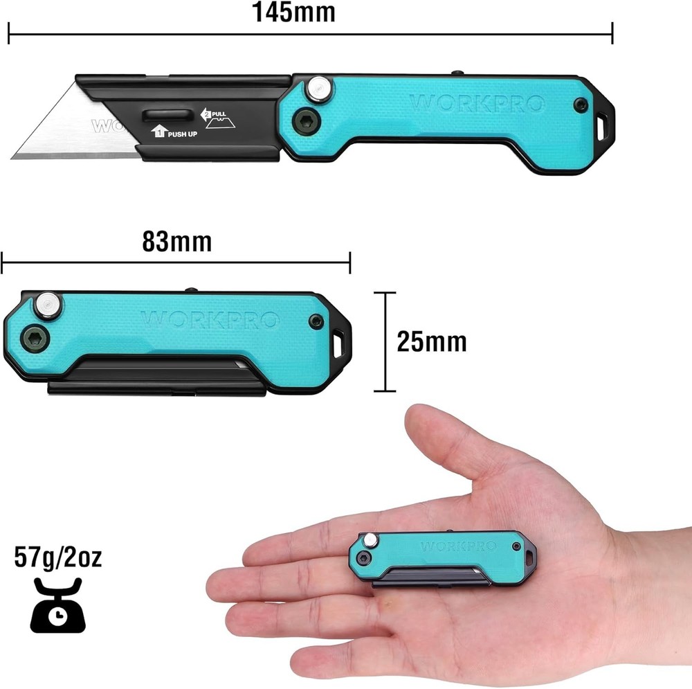 WORKPRO Folding Utility Knife Box Cutter Quick Change Blade Quick Open Axis Lock