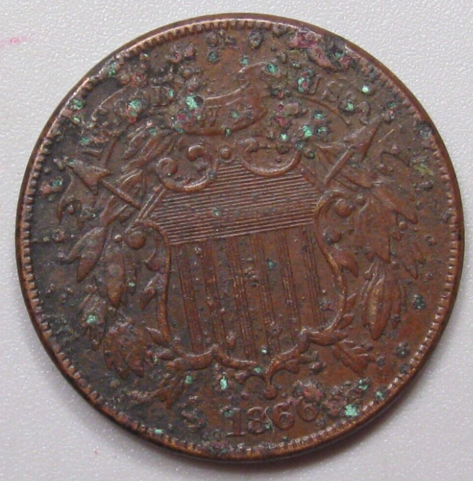 1866 US 2¢ Two Cent Piece -XF but Corroded-