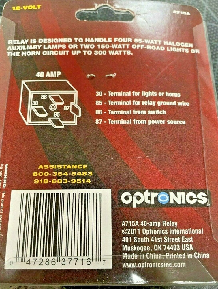 OPTRONICS Auxiliary Lighting 4 Pin 40 Amp 12v Relay