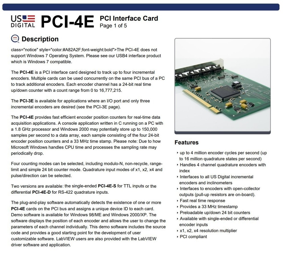 US Digital PCI-4E-S PC-Encoder PCI Interface Card Single Ended TTL Inputs