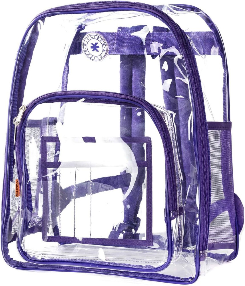 K-Cliffs Clear Backpack Quality See Through Student Bookbag Clear/Purple Trim