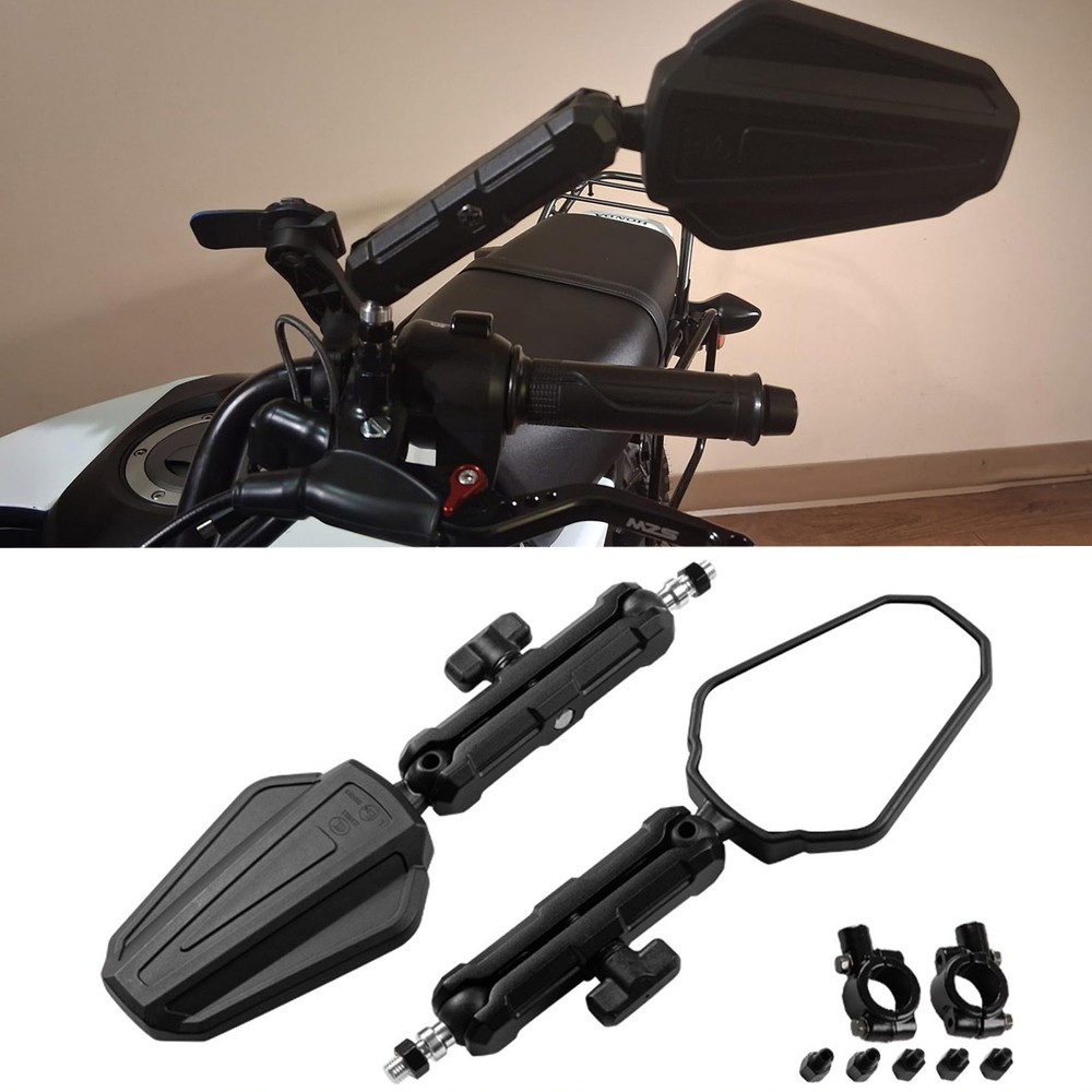 Universal 10mm 8mm Adventure Motorcycle Mirrors 360Degrees Adjustable Side Black