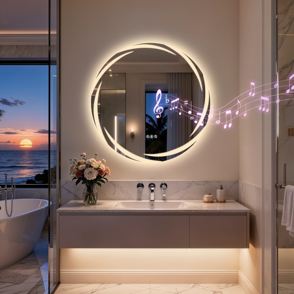 32" Smart LED Bathroom Mirror Wall-Mounted with Bluetooth Speaker Dimmable Round