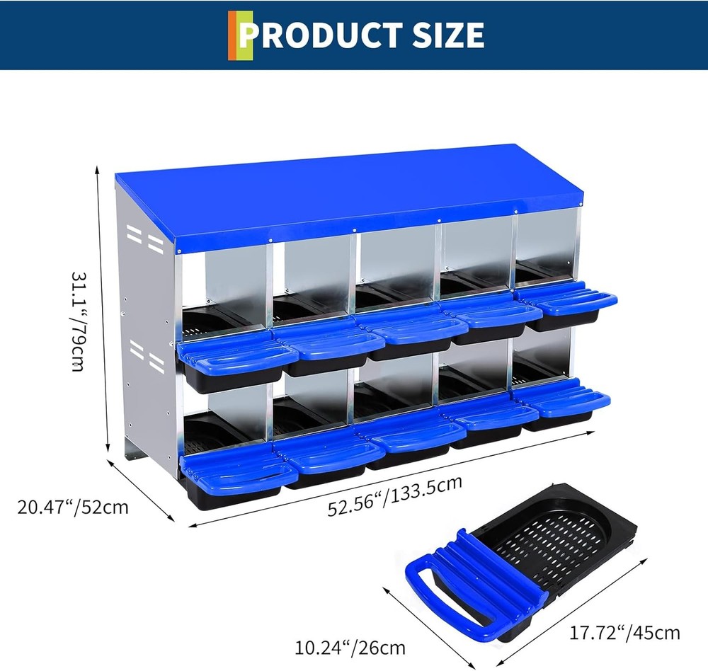 10-Compartment Chicken Nest Box Mental Roll Away Nesting Box Laying Eggs Blue