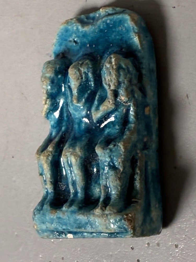 Antique Ancient Egyptian Statuette With Pharaoh Seated Between His 2 Sons
