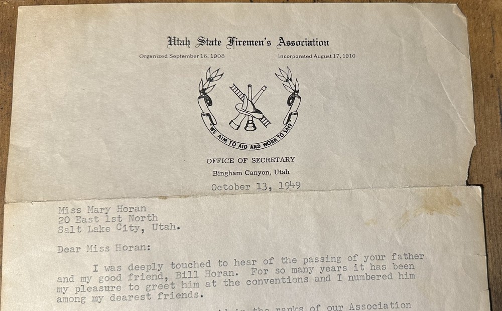 UTAH STATE FIREMEN'S ASSOCIATION CORRESPONDENCE 1949